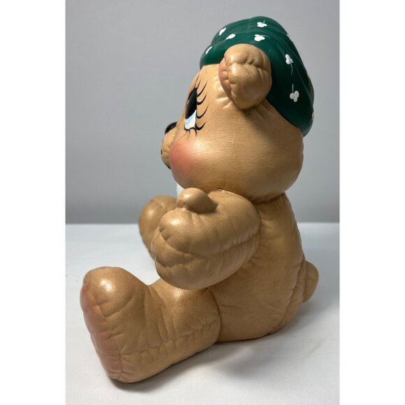 Vintage Teddy Bear Piggy Bank With Green Hat & Shamrock Accents - Picture 5 of 8